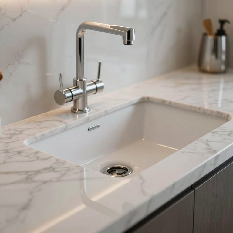 A sparkling clean kitchen with marble countertops and polished fixtures, reflecting a sense of peace and extreme attention to detail.