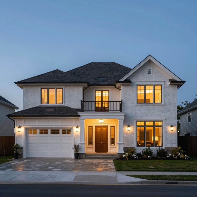 A wide shot of a beautiful, well-maintained luxury North American residence at dusk, with soft interior lighting suggesting comfort.