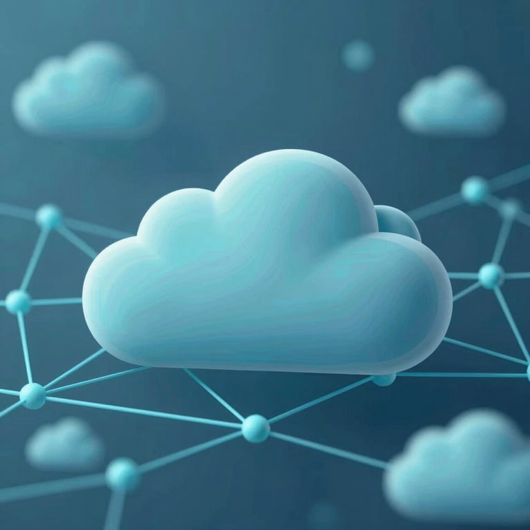 An abstract digital background representing data connectivity and cloud computing with nodes and networks in #3D5A7F and #8FAACF.