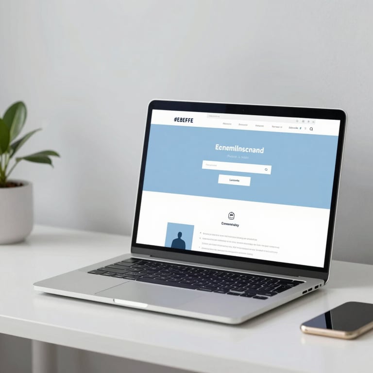 A sleek, minimalist home office setup with a high-end laptop showing a clean website interface, emphasizing modern design. Colors: #E8EFF8.