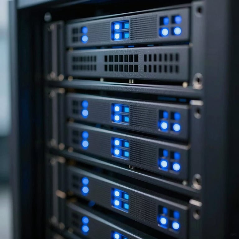 A detailed close-up of modern server hardware with glowing blue indicators, representing secure and reliable digital infrastructure.