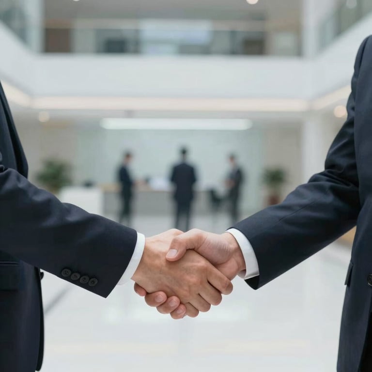 A handshake between two professionals in a high-tech lobby, symbolizing a successful long-term partnership and commitment.