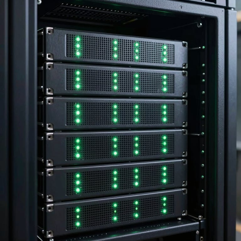 A high-quality image of a server rack with soft green indicator lights, representing reliable website hosting services.