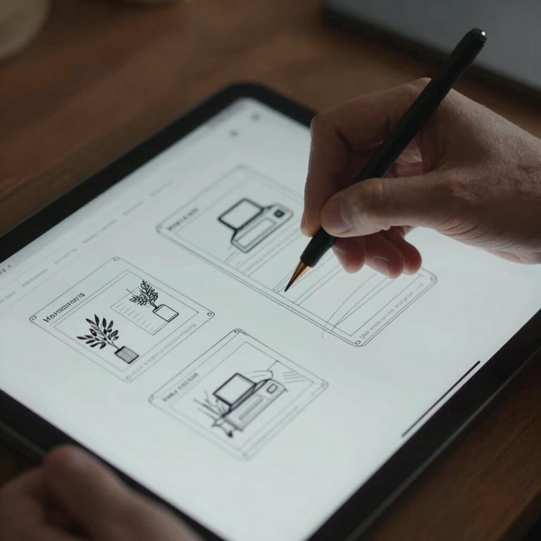 Detailed close-up of a designer's hands sketching a website layout on a digital tablet, professional lighting.