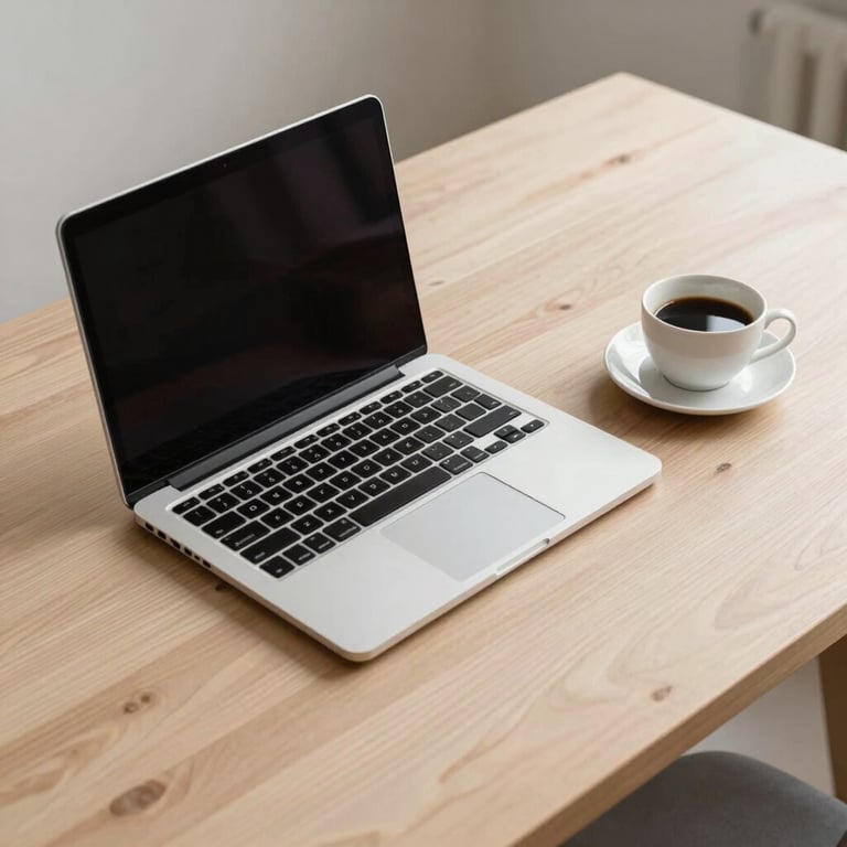 A minimalist workspace with a laptop and a cup of coffee on a light wood desk, professional and clean, beige tones.
