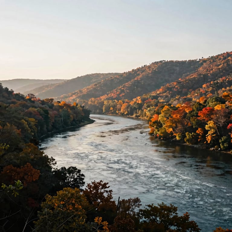 A scenic, professional landscape photo of the Potomac River in West Virginia during autumn, soft morning light.