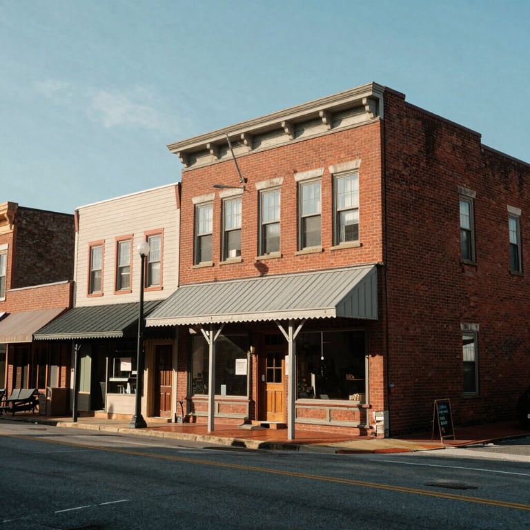 A street-level view of Romney, West Virginia architecture, emphasizing local community and approachability.