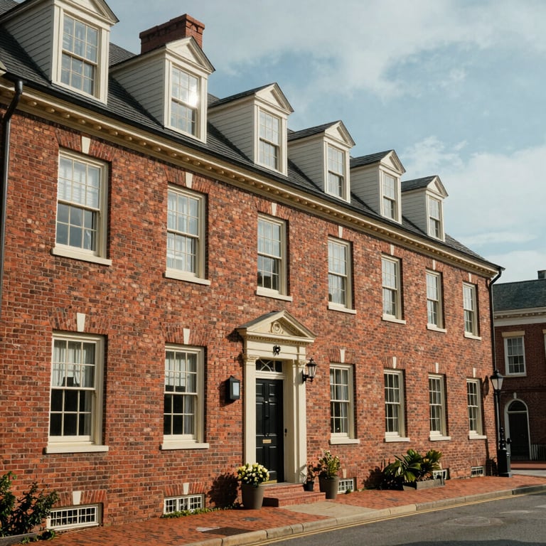 The historic district of Winchester, Virginia, with well-maintained brick buildings and a professional atmosphere.