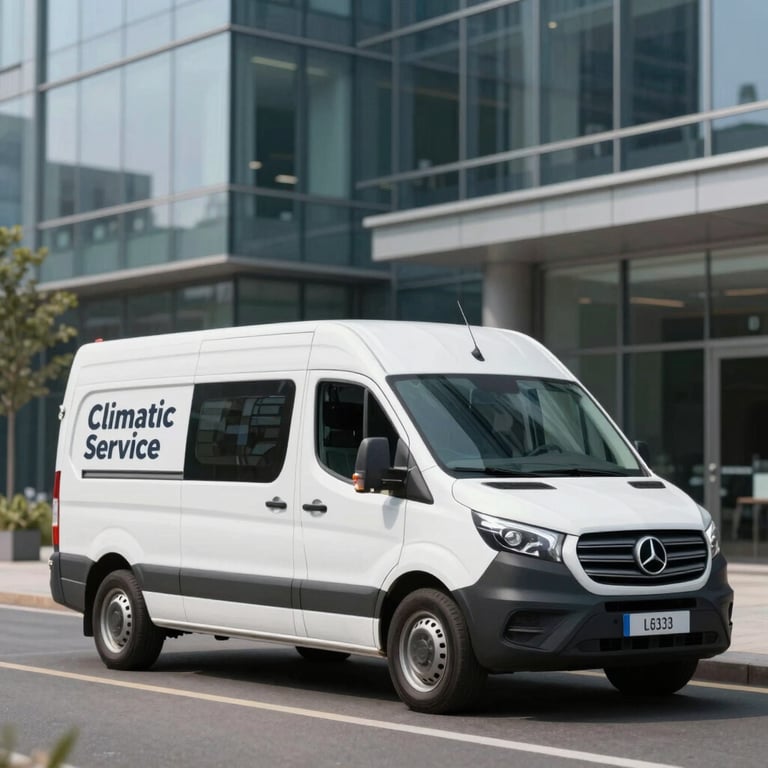 The Ideal Climatic service van parked in front of a modern glass office building, symbolizing reliability and fast response. Palette: #1B2A3D, #F6F8FA.