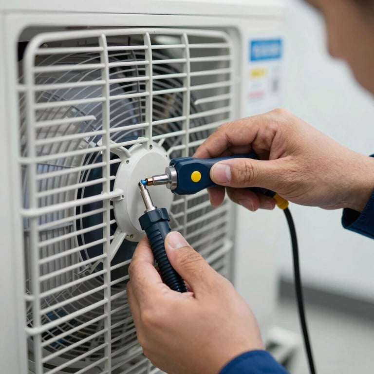 A close-up of a technician's hands using professional tools to calibrate a modern HVAC system, emphasizing precision and expertise. Palette: #1B2A3D, #F6F8FA.