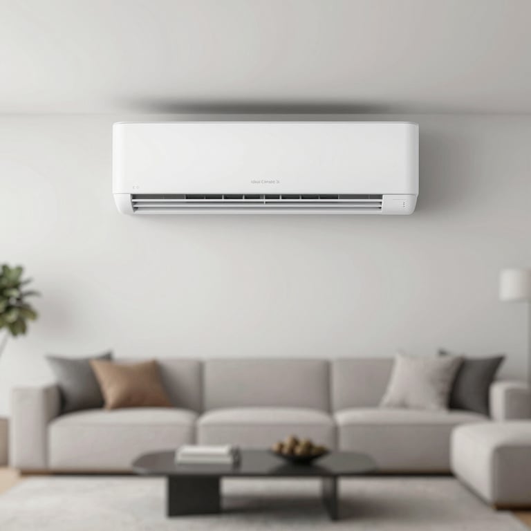 A modern, minimalist living room with a perfectly integrated air conditioning vent, showing 'Ideal Climate' comfort. Palette: #F6F8FA, #AABCCF.