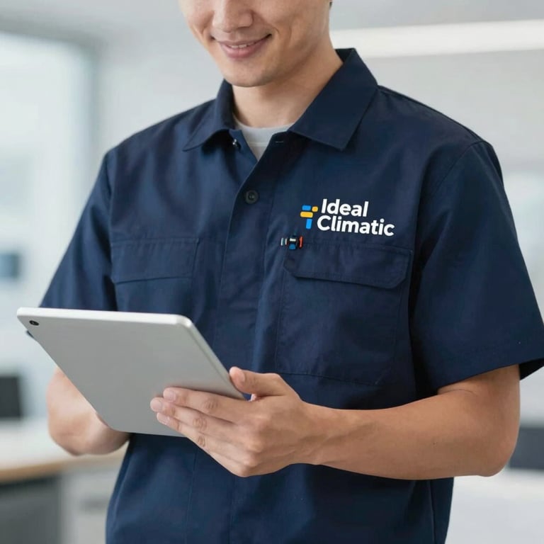 A smiling technician in a professional navy uniform with the Ideal Climatic logo, holding a digital tablet. Palette: #1B2A3D, #F6F8FA.