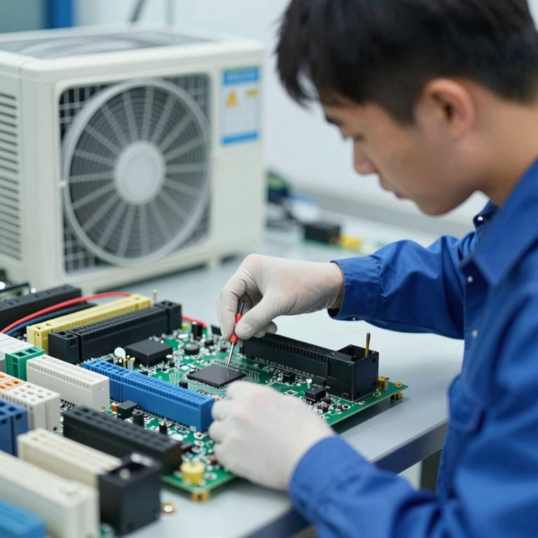 A technician performing maintenance on a complex circuit board of a climate control unit. Palette: #1B2A3D, #4A6D7C.