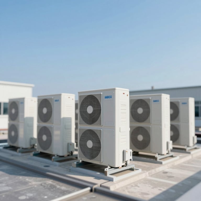 External shot of multiple industrial VRF units neatly installed on a corporate rooftop under a clear blue sky. Palette: #4A6D7C, #AABCCF.