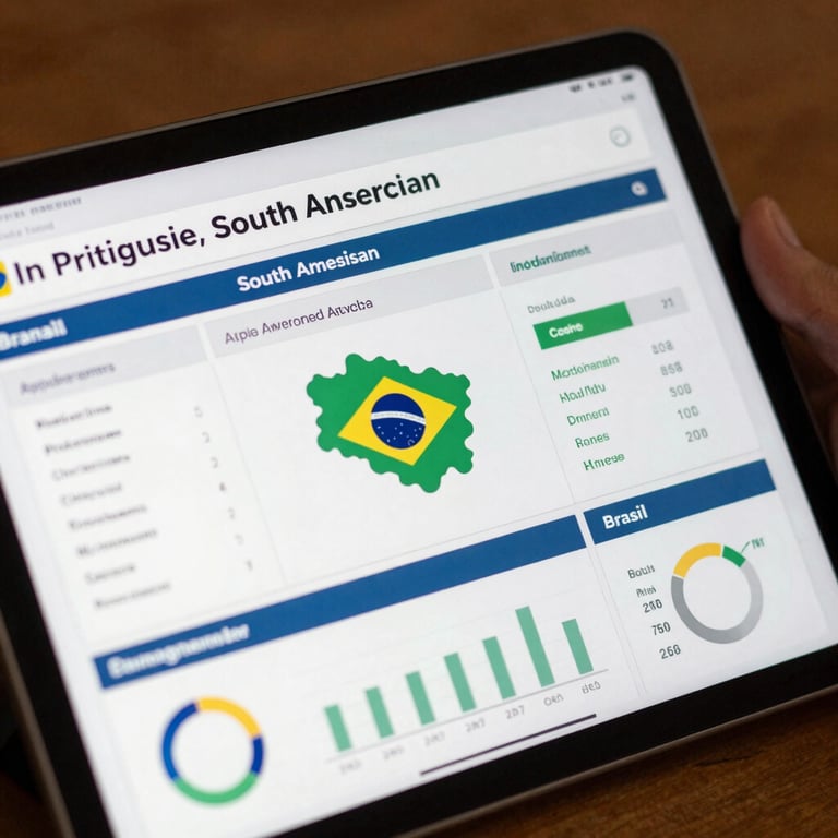 Close-up of a digital tablet showing a professional management dashboard in a South American / Brazilian setting.
