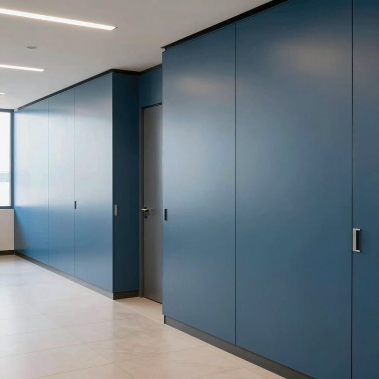 A modern South American / Brazilian office interior with muted steel blue walls and clean lines.