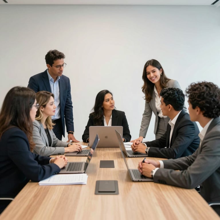 A group of diverse South American / Brazilian professionals collaborating in a bright, modern conference room.