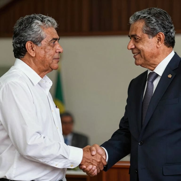 A handshake between a South American / Brazilian professional and a rural cooperative leader in a formal setting.