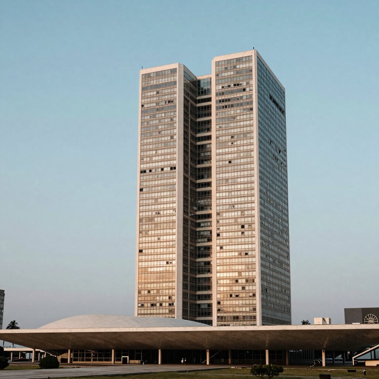 Contemporary South American / Brazilian architecture of a government building under a soft sky blue horizon.