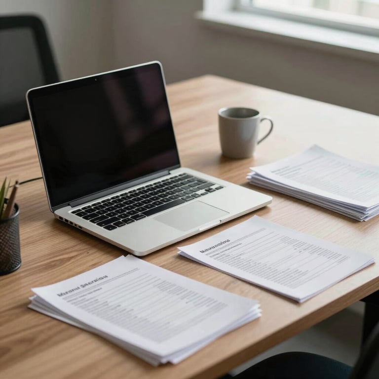 A desk with a laptop and organized paperwork in a professional South American / Brazilian administrative office.