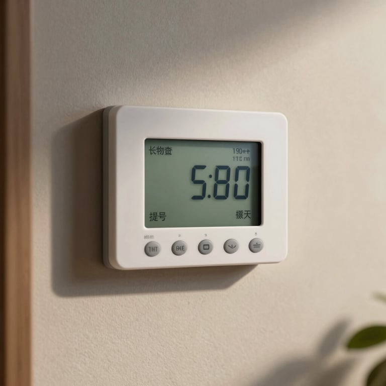 Close-up of a high-tech digital thermostat on a modern wall.