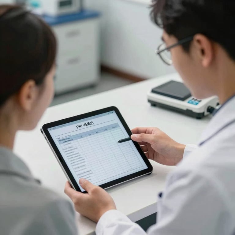 A technician showing a satisfied customer a tablet with the maintenance report.