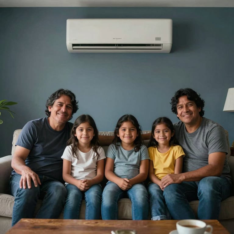 A happy South American family relaxing in a cool, air-conditioned living room.