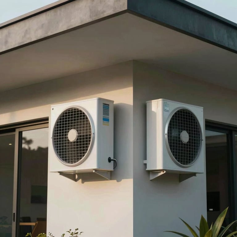 Exterior of a modern Brazilian house with discreetly installed cooling systems.