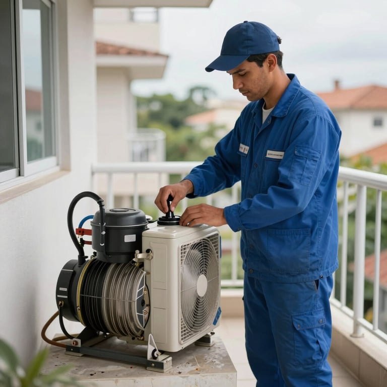 A technician in a blue uniform installing an outdoor AC compressor unit on a Brazilian residential balcony.