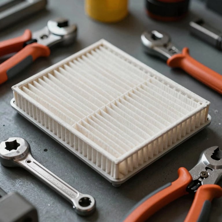 Maintenance tools and a clean air filter neatly arranged on a workspace.