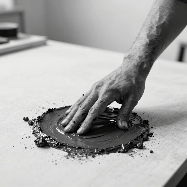 Candid high-contrast black and white photograph of artist's hand covered in dark paint, pressing raw pigment directly onto a massive canvas in a bright, minimalist studio.