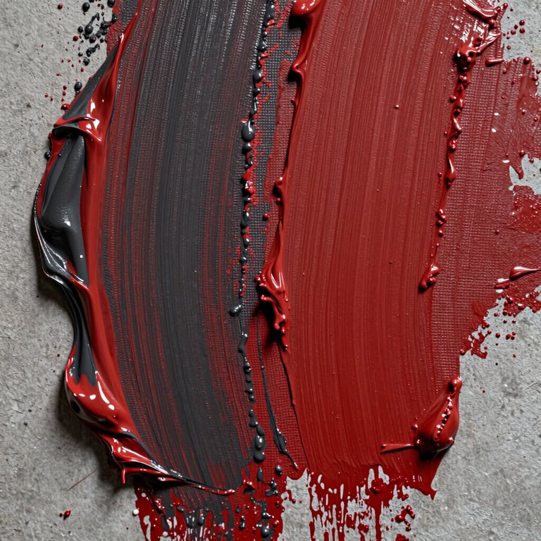 Extreme close-up of thick visceral paint texture on a concrete wall, showing raw red and charcoal pigment, heavy brushstrokes and canvas weave under soft gallery light