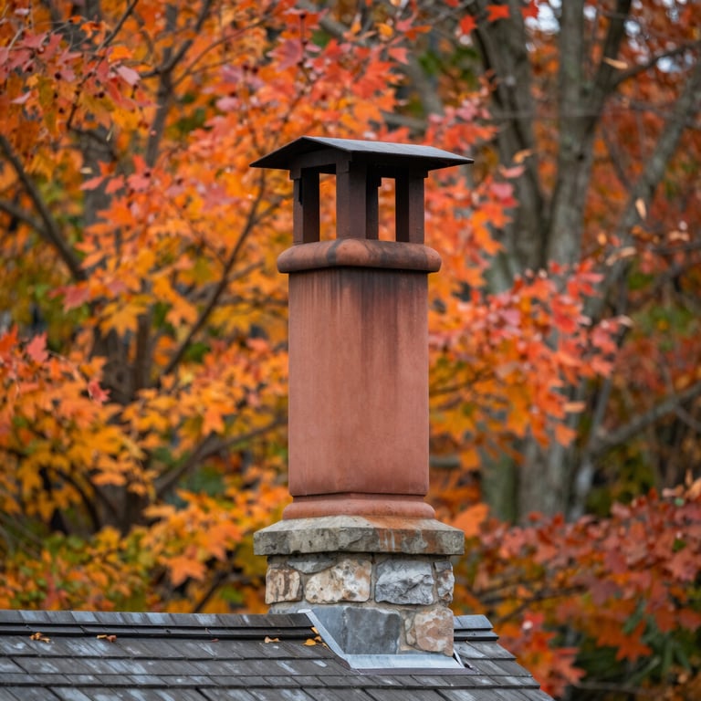 Exterior view of a perfectly maintained chimney against a New England autumn backdrop with vibrant orange and red leaves.