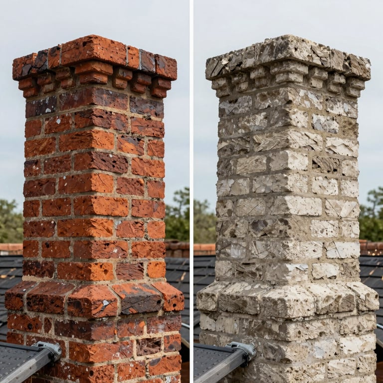 Side-by-side comparison showing a weathered brick chimney before and after high-quality masonry restoration.