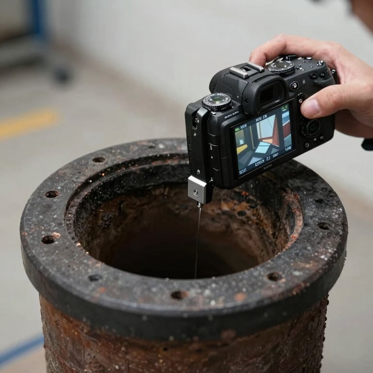 Detailed inspection using a digital camera tool inside a dark chimney flue, emphasizing modern technology and expertise.