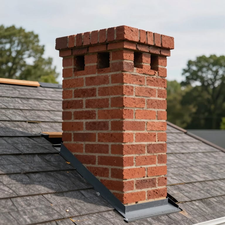 Professional chimney construction on a North American residential roof, focus on red brick craftsmanship and clean lines.