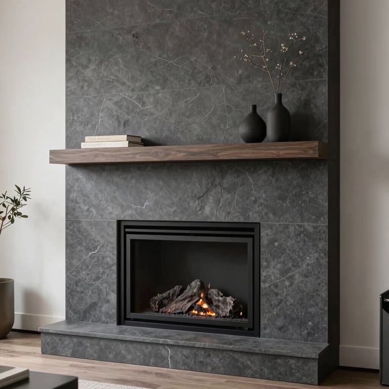 A modern North American home featuring a sleek, contemporary fireplace with dark grey stone finish and minimalist decor.