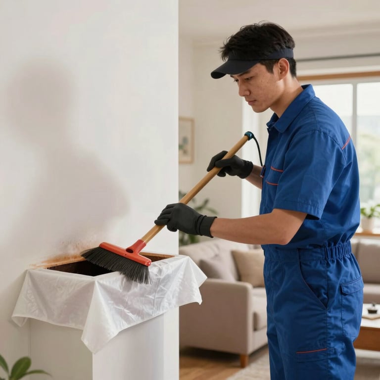 A service technician in professional attire performing a chimney sweep using clean drop cloths in a residential living room.