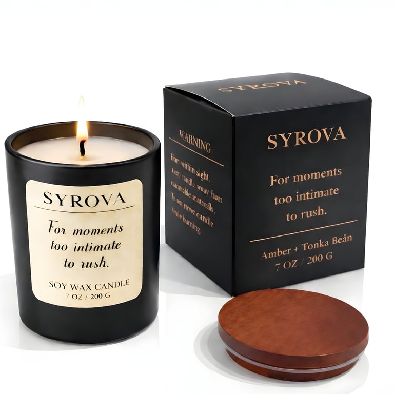 Amber and Tonka Bean luxury scented soy candle in elegant setting