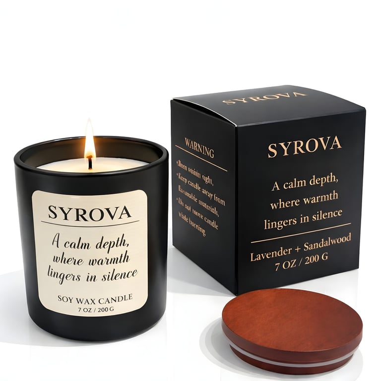 Lavender and Sandalwood soy candle styled in calm modern interior