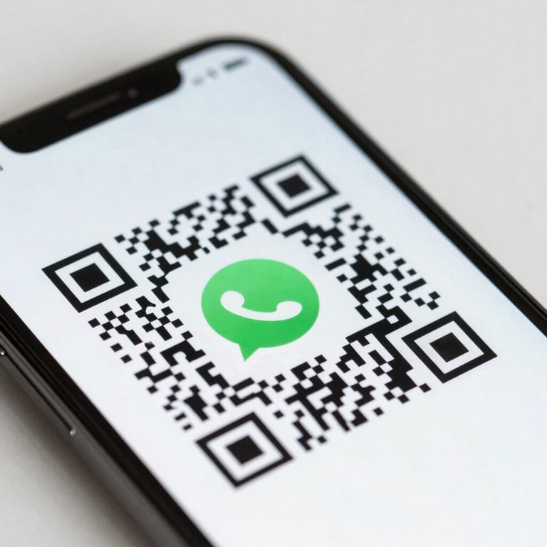 Crisp macro shot of a smartphone displaying a secure WhatsApp QR code on screen, studio lighting, technical aesthetic.