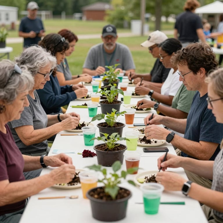 A North American community group gathered around a long table for a sustainable gardening workshop outdoors.