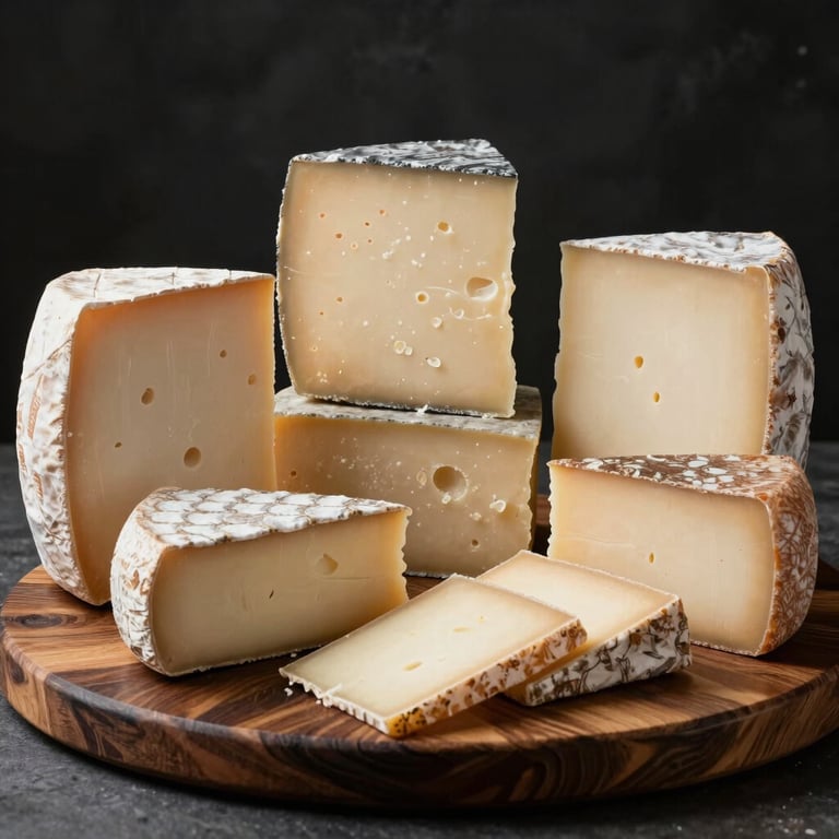 A selection of artisanal goat cheeses and handmade dairy products presented on a dark wood board.
