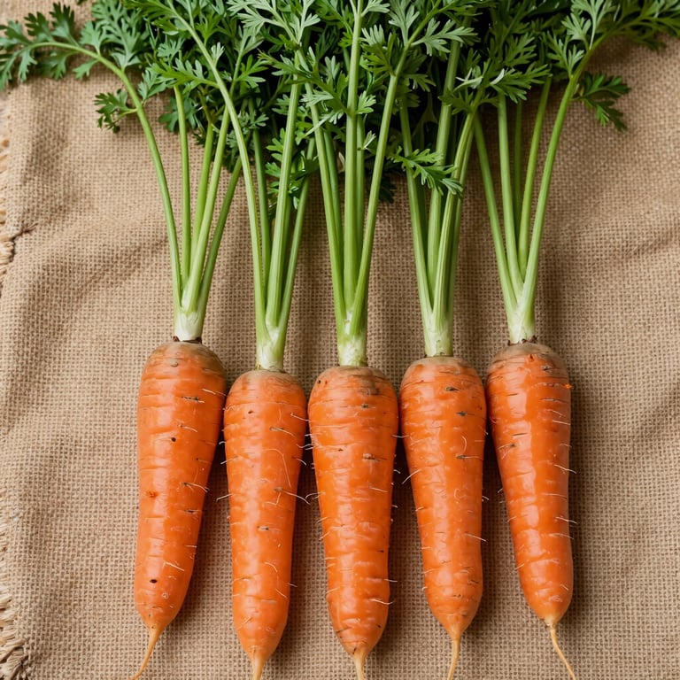 An overhead shot of fresh organic carrots with long leaf green tops arranged neatly on a burlap cloth.