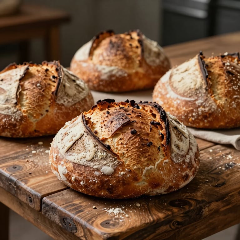 A local North American artisan displaying freshly baked sourdough loaves on a rustic wooden table.