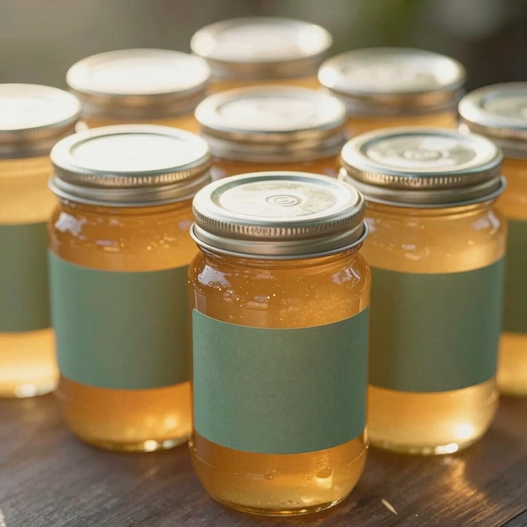 Rows of glass jars containing golden local honey with sage green labels, backlit by soft morning sun.