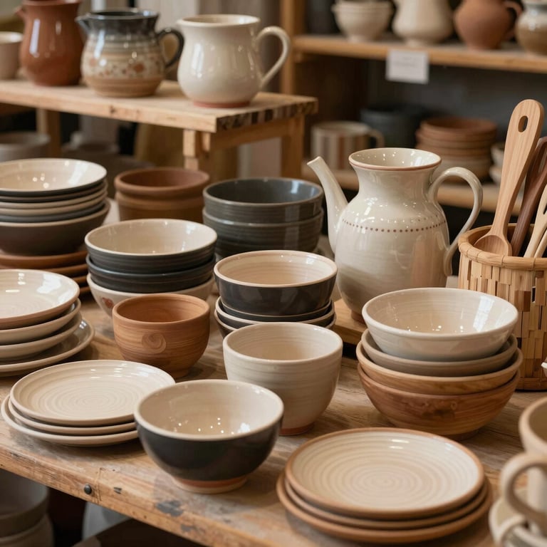 Handcrafted pottery and wooden kitchenware displayed by a local North American craftsman.