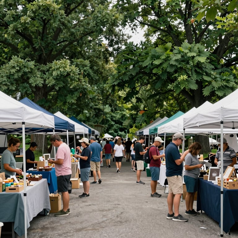 A wide shot of families browsing stalls at the Belpre Farmers Market with lush green trees in the background.