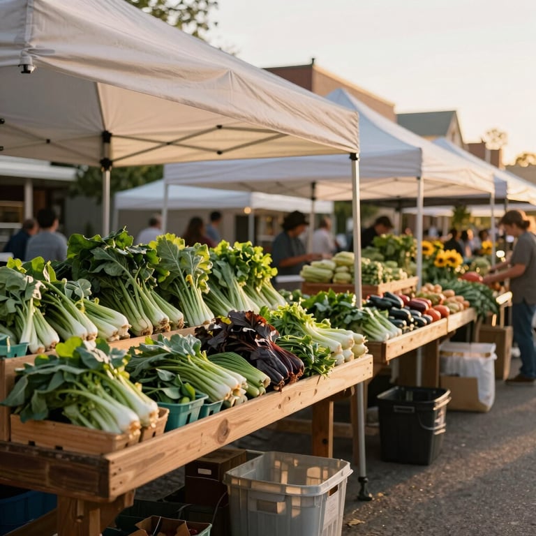 A close-up of heirloom tomatoes in various shades of red and orange resting in a wooden crate at a North American market.