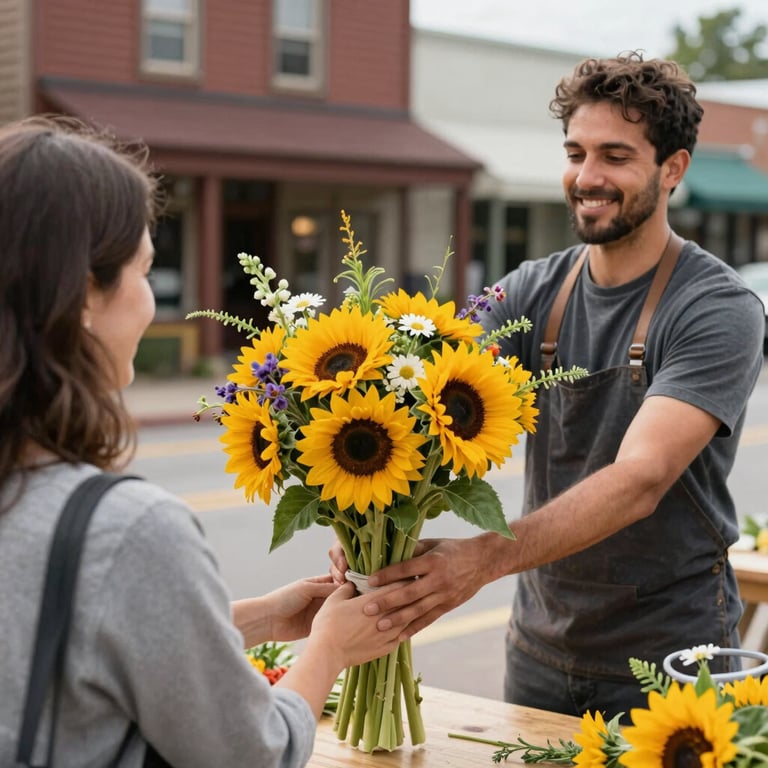 A vendor handing a bouquet of vibrant sunflowers and wildflowers to a smiling customer in a North American town setting.